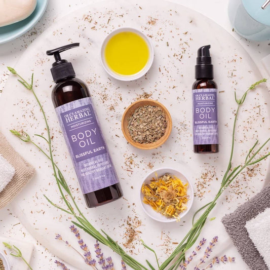 Blissful Earth Body Oil Indoor Texture Lifestyle 2oz & 7.5oz Bottles