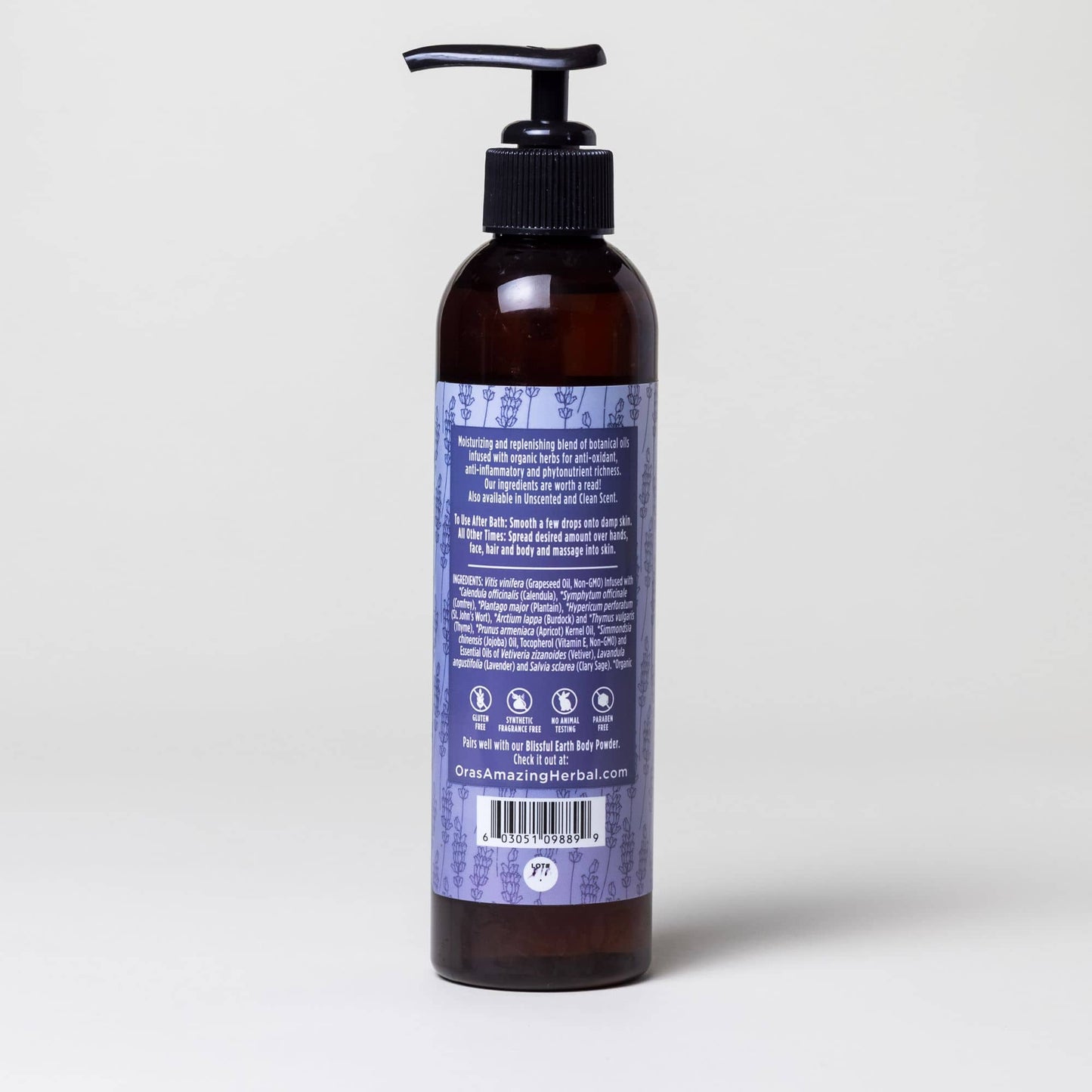 Blissful Earth Body Oil White Background with Shadows Ingredients Back Label 7.5oz Bottle